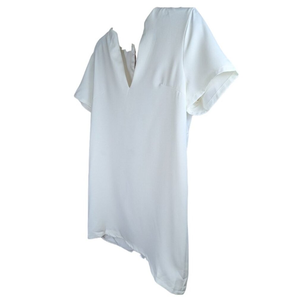 AmyEnjoyLife Mini Shirt Dress XL Long V-Neck Short Sleeve Keyhole Back White